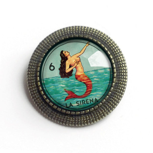 La Sirena Mermaid Loteria Themed Vintage Inspired Pin Brooch