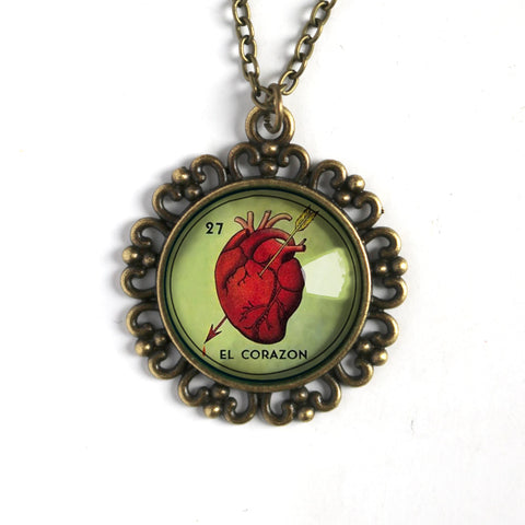 El Corazon Heart Loteria Themed Large Pendant Necklace in Ornate Frame