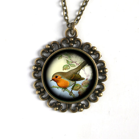 Spring Robin Large Pendant Necklace in Ornate Frame