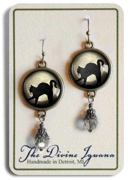 Black Cat on Full Moon Vintage Inspired Drop / Dangle Earrings