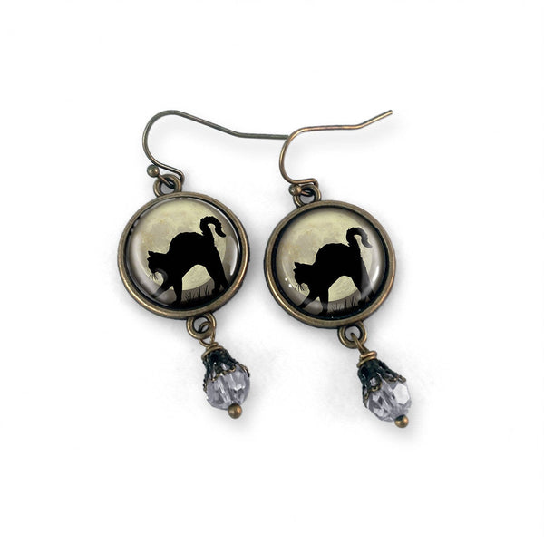 Black Cat on Full Moon Vintage Inspired Drop / Dangle Earrings