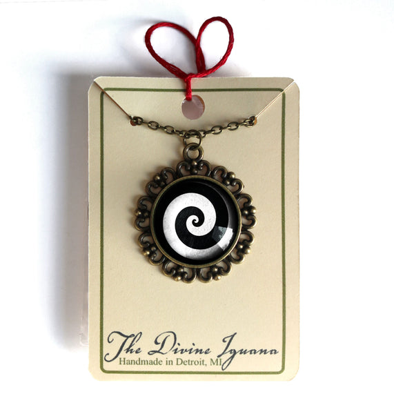 Hypnotist Black and White Spiral Swirl Large Pendant Necklace in Ornate Frame