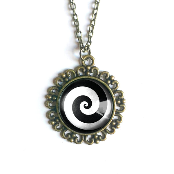 Hypnotist Black and White Spiral Swirl Large Pendant Necklace in Ornate Frame