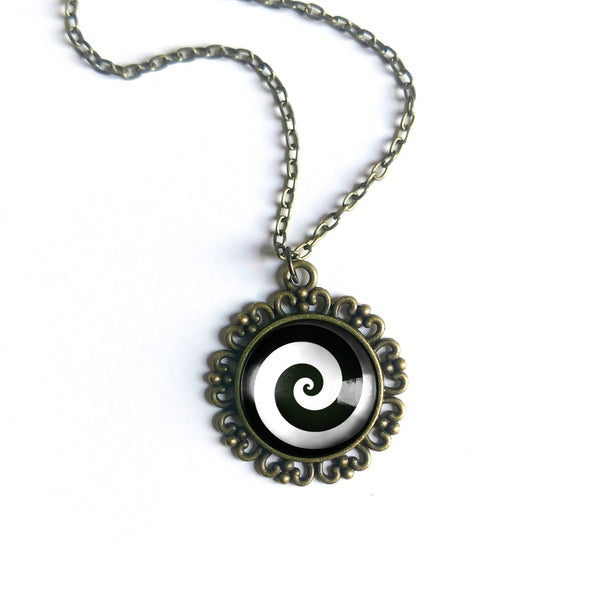 Hypnotist Black and White Spiral Swirl Large Pendant Necklace in Ornate Frame