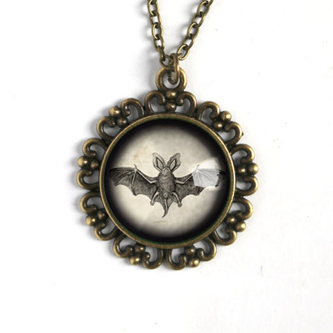 Victorian Bat Goth or Halloween Large Pendant Necklace in Ornate Frame