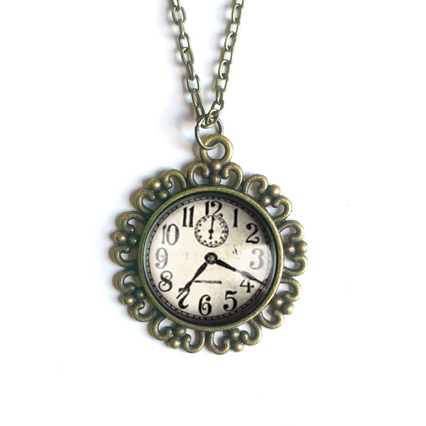 Victorian Clock Large Pendant Necklace in Ornate Frame