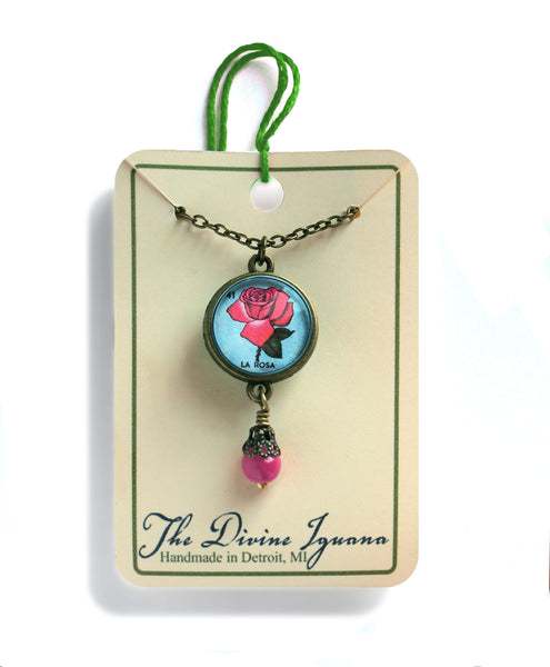 La Rosa Rose Loteria Themed Reversible Pendant Necklace with Bead Accent