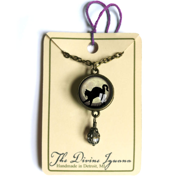 Black Cat on Full Moon Reversible Pendant Necklace with Bead Accent