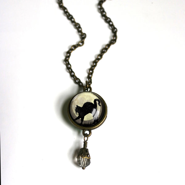 Black Cat on Full Moon Reversible Pendant Necklace with Bead Accent