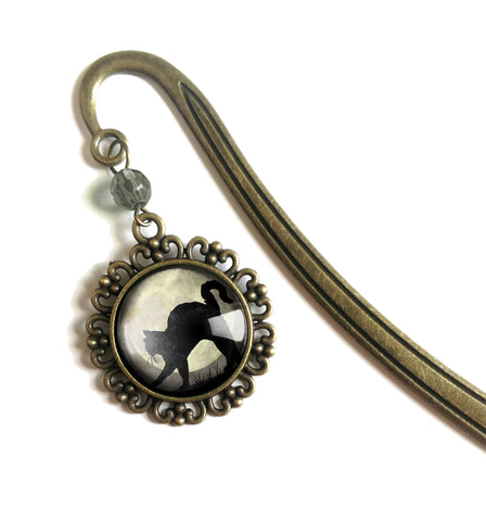 Black Cat on Full Moon Glass Cabochon Brass Book Hook / Bookmark