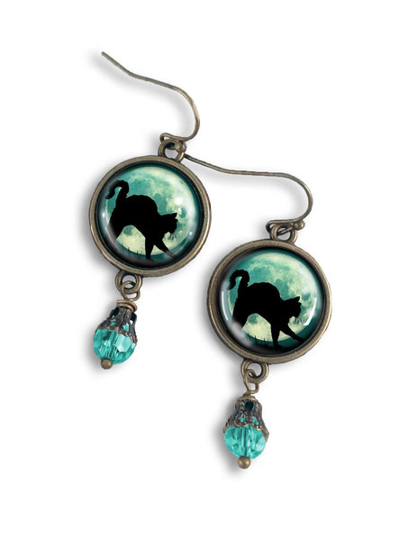 Black Cat on Blue Full Moon Halloween Vintage Inspired Drop / Dangle Earrings