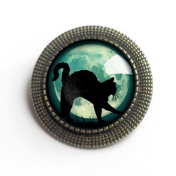 Black Cat on Full Moon Vintage Inspired Pin Brooch