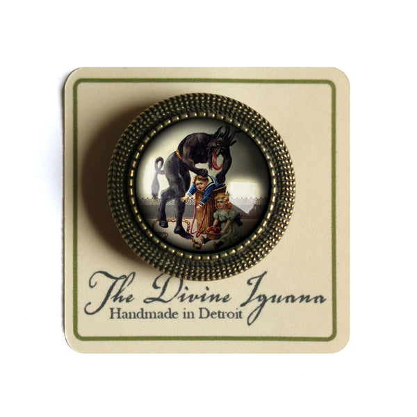 Krampus the Christmas Demon Vintage Inspired Pin Brooch - with Naughty Child Stuffed into Barrel