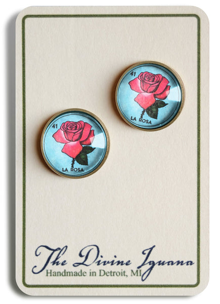 La Rosa Rose Loteria Themed Vintage Inspired Stud Earrings