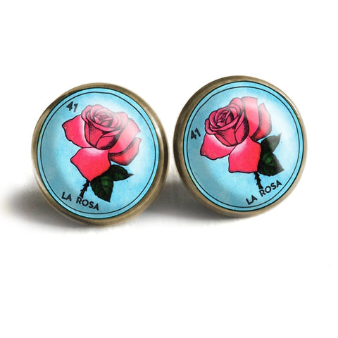 La Rosa Rose Loteria Themed Vintage Inspired Stud Earrings