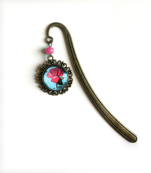 La Rosa Rose Loteria Themed Glass Cabochon Brass Book Hook / Bookmark