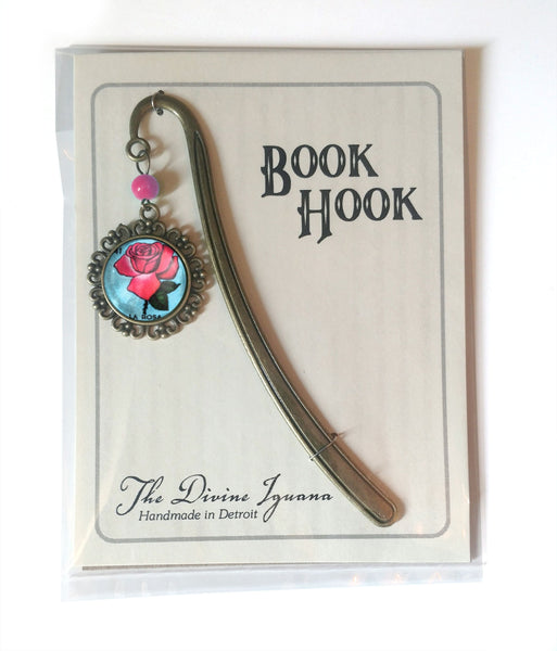 La Rosa Rose Loteria Themed Glass Cabochon Brass Book Hook / Bookmark