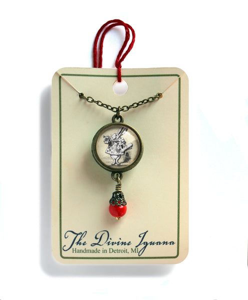 Alice in Wonderland White Rabbit Large Pendant Necklace in Ornate Frame