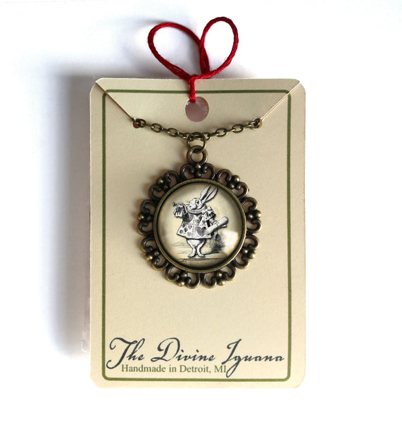 Alice in Wonderland White Rabbit Large Pendant Necklace in Ornate Frame