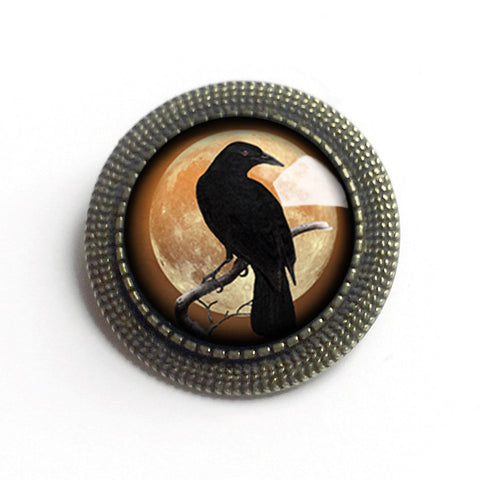 Crow or Raven on Orange Full Moon Vintage Inspired Pin Brooch