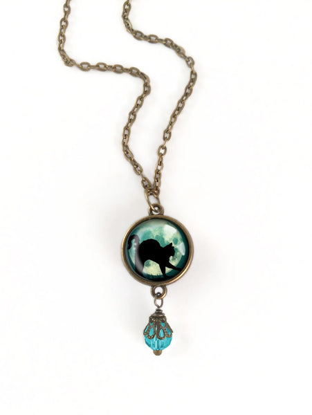 Black Cat on Blue Full Moon Reversible Pendant Necklace with Bead Accent