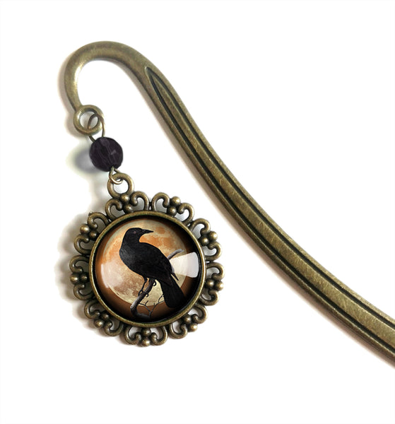 Crow or Raven on Orange Full Moon Glass Cabochon Brass Book Hook / Bookmark