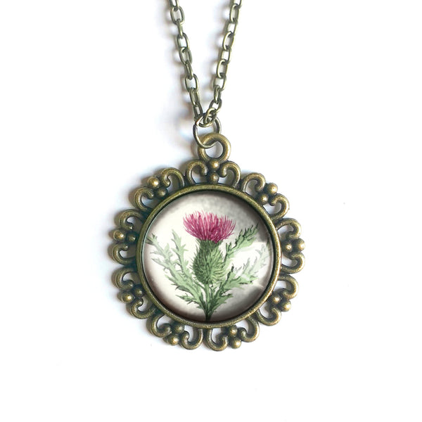 Scottish Thistle Large Pendant Necklace in Ornate Frame