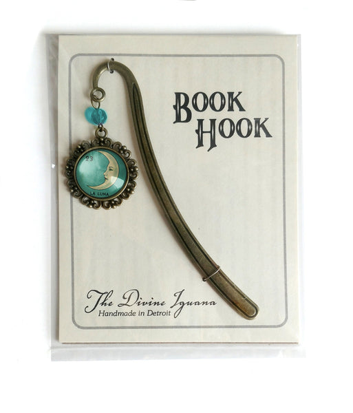 La Luna Moon Loteria Themed Glass Cabochon Brass Book Hook / Bookmark