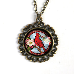 Spring Cardinal Large Pendant Necklace in Ornate Frame