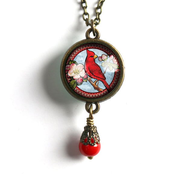 Spring Cardinal Reversible Pendant Necklace with Bead Accent