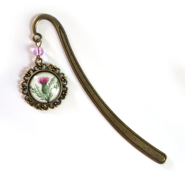 Scottish Thistle Flower Glass Cabochon Brass Book Hook / Bookmark