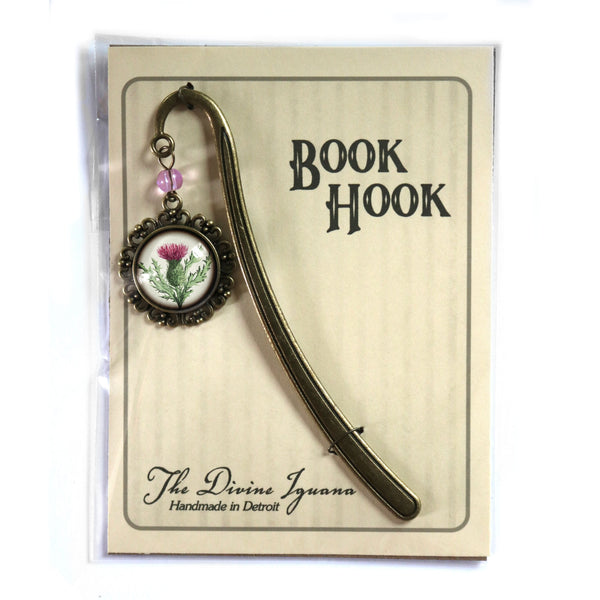 Scottish Thistle Flower Glass Cabochon Brass Book Hook / Bookmark