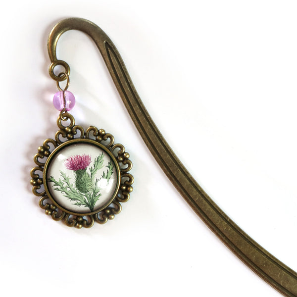 Scottish Thistle Flower Glass Cabochon Brass Book Hook / Bookmark