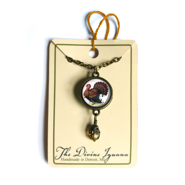 Victorian Turkey Thanksgiving Reversible Pendant Necklace with Bead Accent