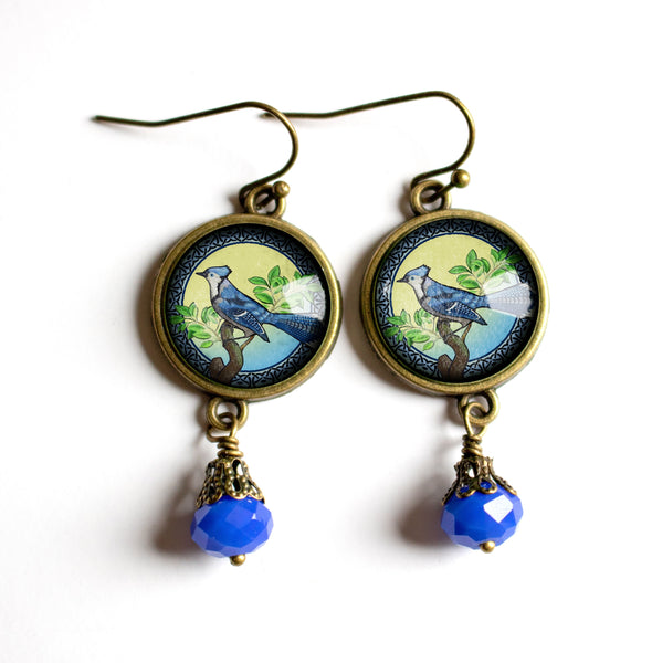 Blue Jay Bird Vintage Inspired Drop / Dangle Earrings