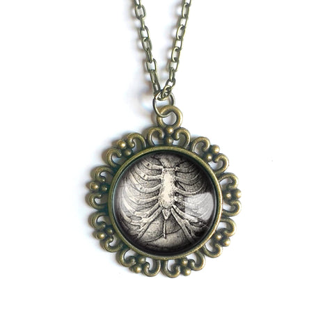 Human Ribcage Large Pendant Necklace in Ornate Frame