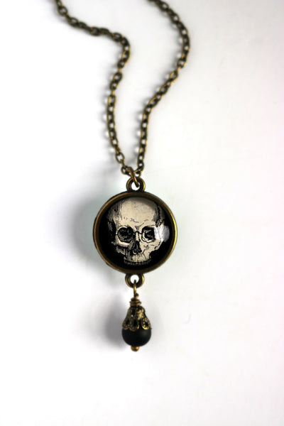 Human Skull Reversible Pendant Necklace with Bead Accent