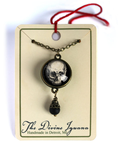 Human Skull Reversible Pendant Necklace with Bead Accent