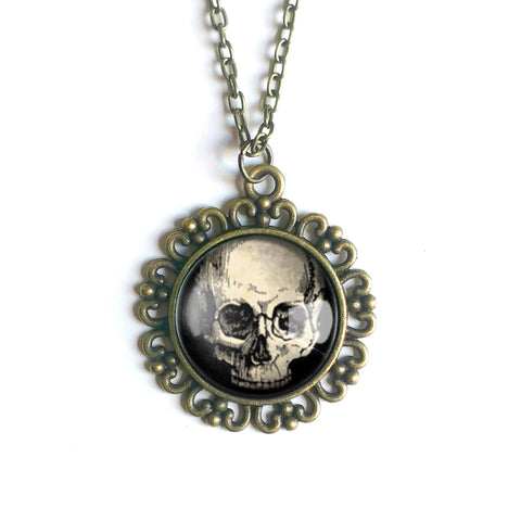 Human Skull Large Pendant Necklace in Ornate Frame