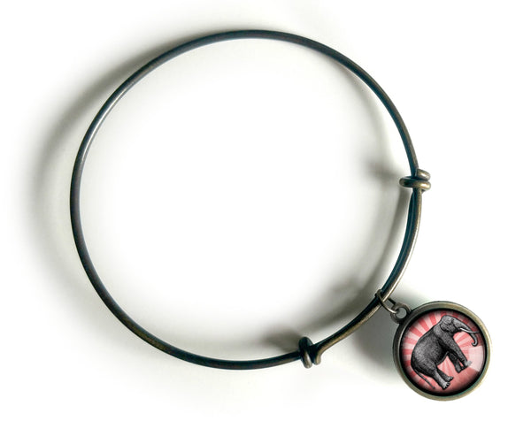 Pink Elephant Adjustable Charm Bracelet / Bangle in Antique Brass