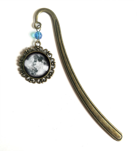 CLEARANCE - Full Moon Glass Cabochon Brass Book Hook / Bookmark