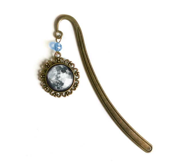 CLEARANCE - Full Moon Glass Cabochon Brass Book Hook / Bookmark