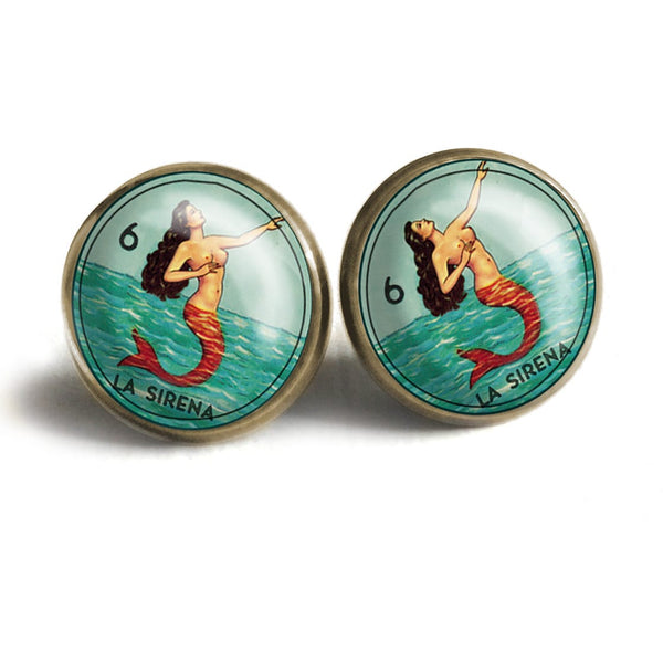 La Sirena Mermaid Loteria Themed Vintage Inspired Stud Earrings