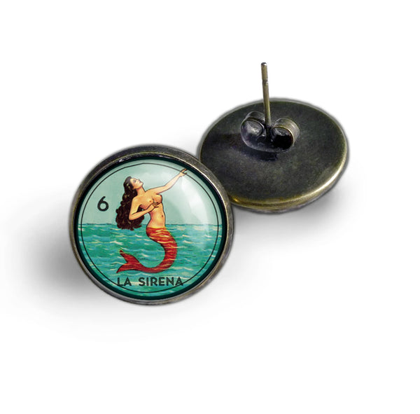 La Sirena Mermaid Loteria Themed Vintage Inspired Stud Earrings