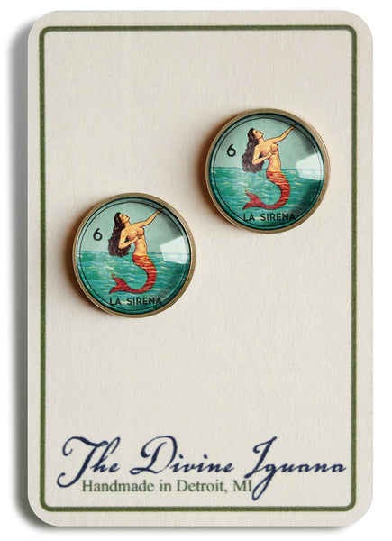 La Sirena Mermaid Loteria Themed Vintage Inspired Stud Earrings