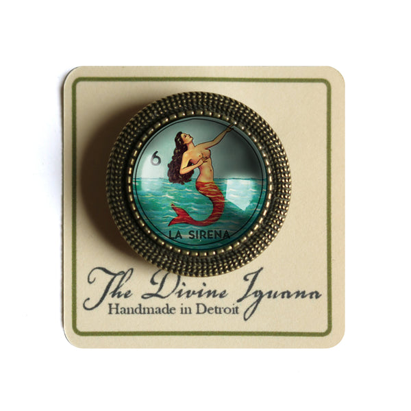 La Sirena Mermaid Loteria Themed Vintage Inspired Pin Brooch