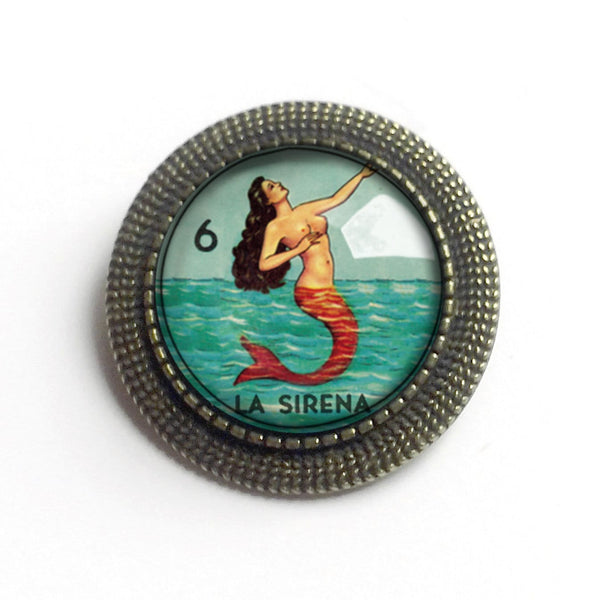 La Sirena Mermaid Loteria Themed Vintage Inspired Pin Brooch