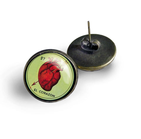 El Corazon Heart Loteria Themed Vintage Inspired Stud Earrings