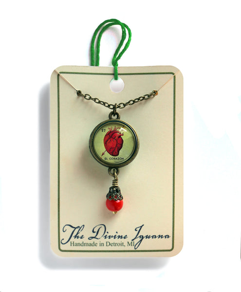 El Corazon Heart Loteria Themed Reversible Pendant Necklace with Bead Accent