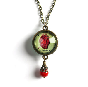 El Corazon Heart Loteria Themed Reversible Pendant Necklace with Bead Accent